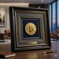 Sötét asztalon álló, díszesen faragott fekete képkeret. A keret belsejében, sötét, matt háttéren egy csillogó, 3D-s arany Bitcoin érme látható. A háttér elmosódott, meleg fényű enteriőrt mutat.
