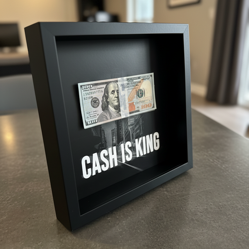 "CASH IS KING" 3D dollárköteges elegáns motivációs fali dekoráció, a háttérben felsejlő nagyvárosi sziluettel.