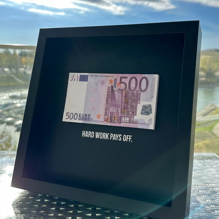 Üvegasztalon álló fekete képkeret, benne fekete alapon egy 500 eurós bankjegy és alatta a "HARD WORK PAYS OFF." felirat. A napsütötte háttérben elmosódott vízpart és fák látszanak.
