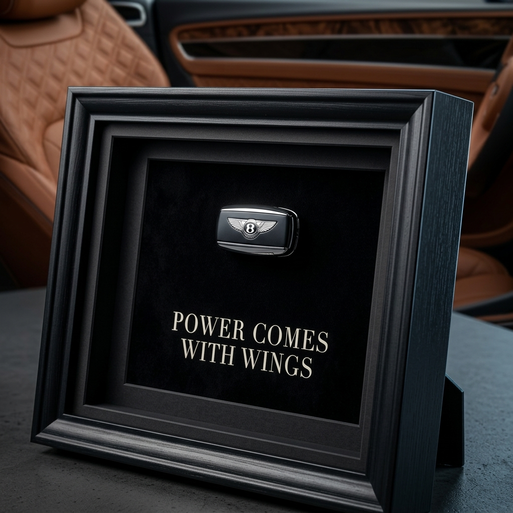 Elegáns, sötét asztalon álló fekete képkeret, benne fekete alapon egy 3D-s Bentley autókulcs a klasszikus szárnyas logóval, alatta pedig a "POWER COMES WITH WINGS" felirat olvasható fehér betűkkel. A háttér elmosódott, meleg fényű prémium belső teret sejtet.